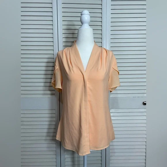 Small Calvin Klein Light Pink Salmon Short Sleeve Ruffled Lightweight Blouse - Picture 2 of 5